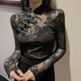 Fashionkova  Long Sleeve Slim Chinese Y2K Turtleneck Black Sexy Blouses Top For Women 2024 New Vintage See Through Lace Women's Shirt