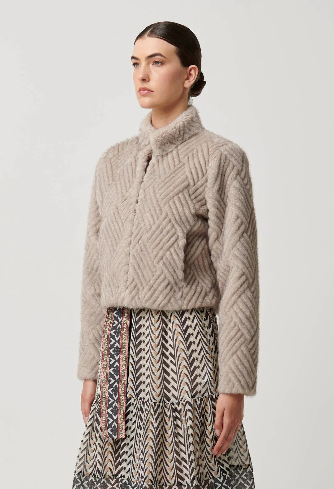 Once Was  Clover Faux Fur Cropped Jacket in Oat