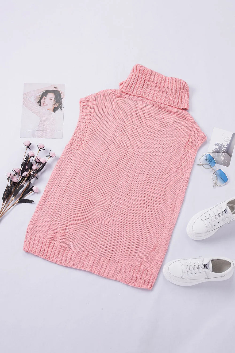 Pink Turtle Neck Braided Knitted Vest Sweater