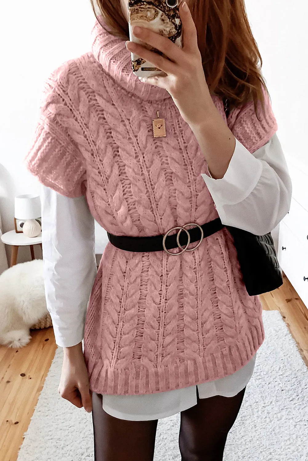 Pink Turtle Neck Braided Knitted Vest Sweater