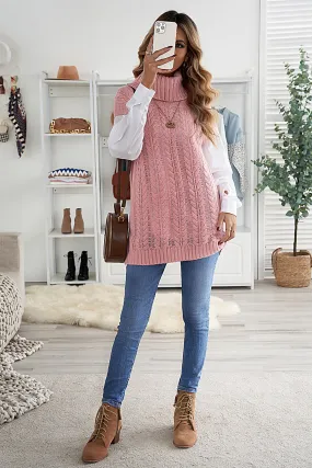 Pink Turtle Neck Braided Knitted Vest Sweater