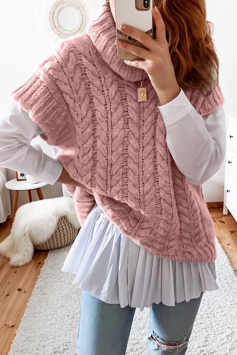 Pink Turtle Neck Braided Knitted Vest Sweater