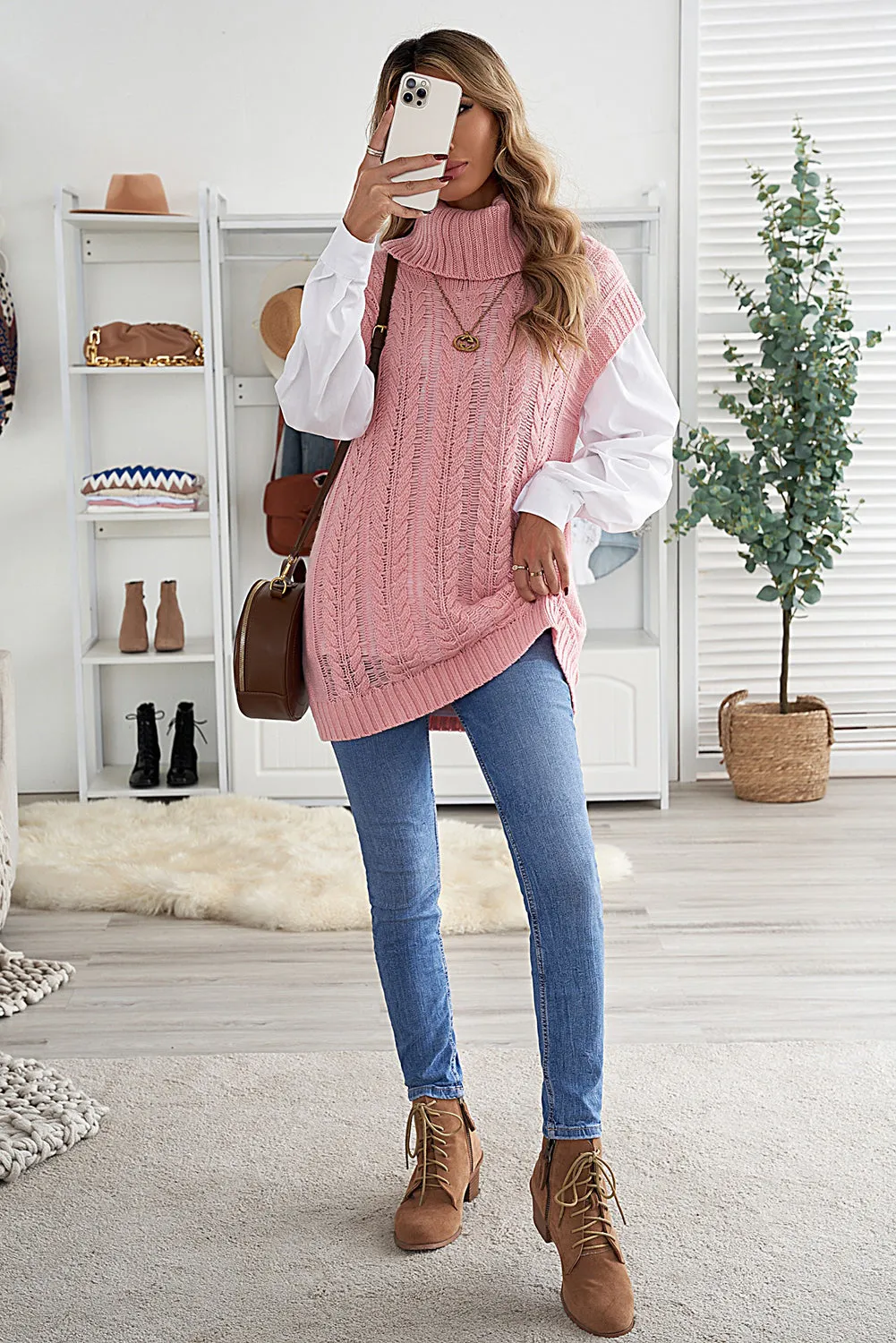 Pink Turtle Neck Braided Knitted Vest Sweater