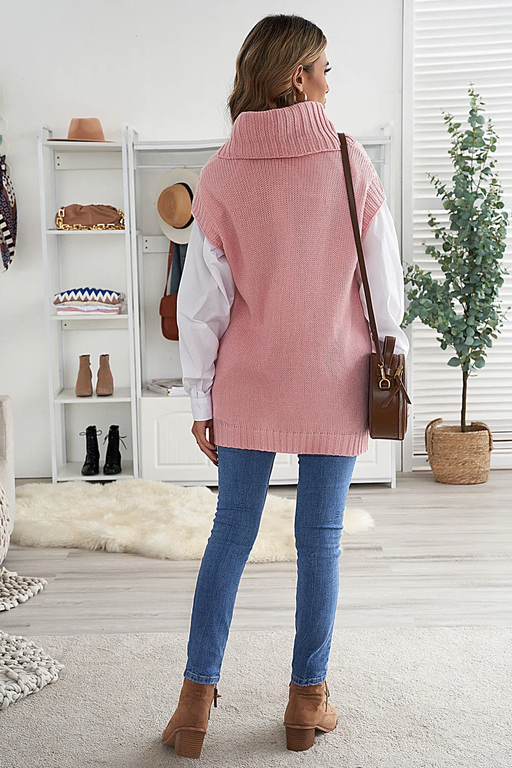 Pink Turtle Neck Braided Knitted Vest Sweater