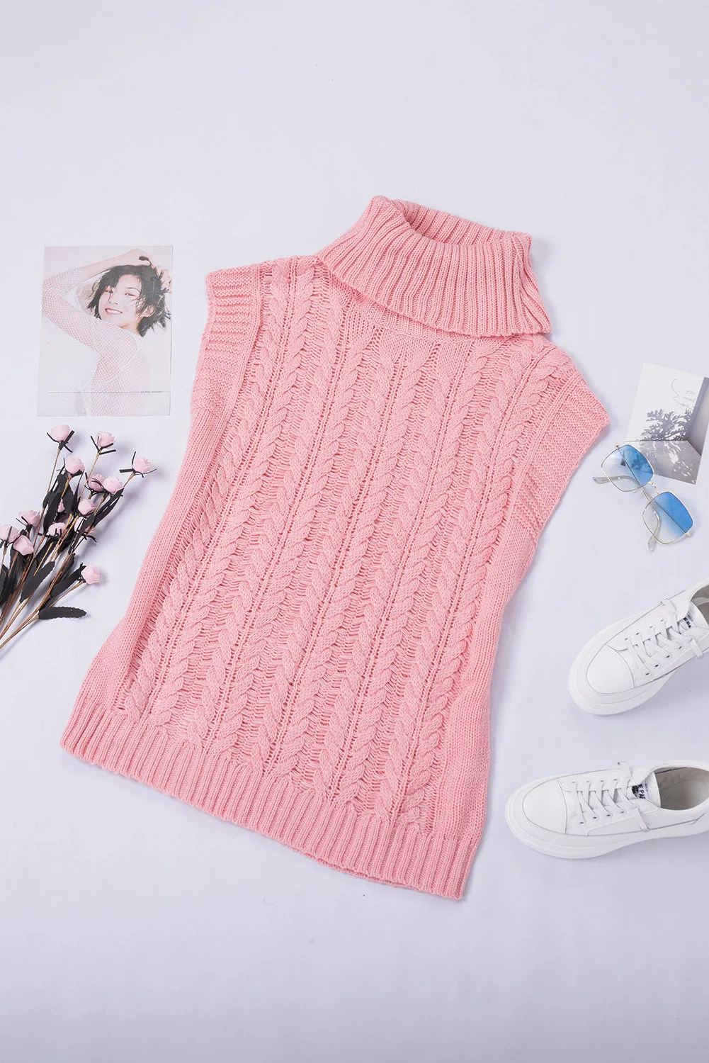 Pink Turtle Neck Braided Knitted Vest Sweater