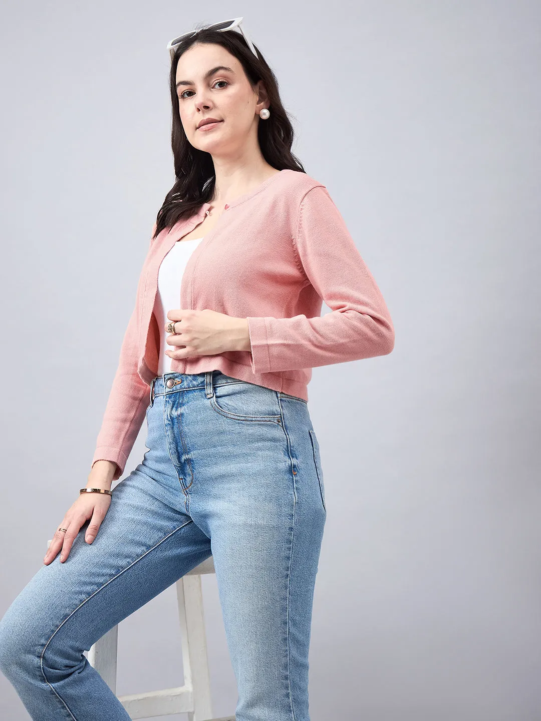 Style Quotient Women Solid Nude Flat Knit Smart Casual Shrug