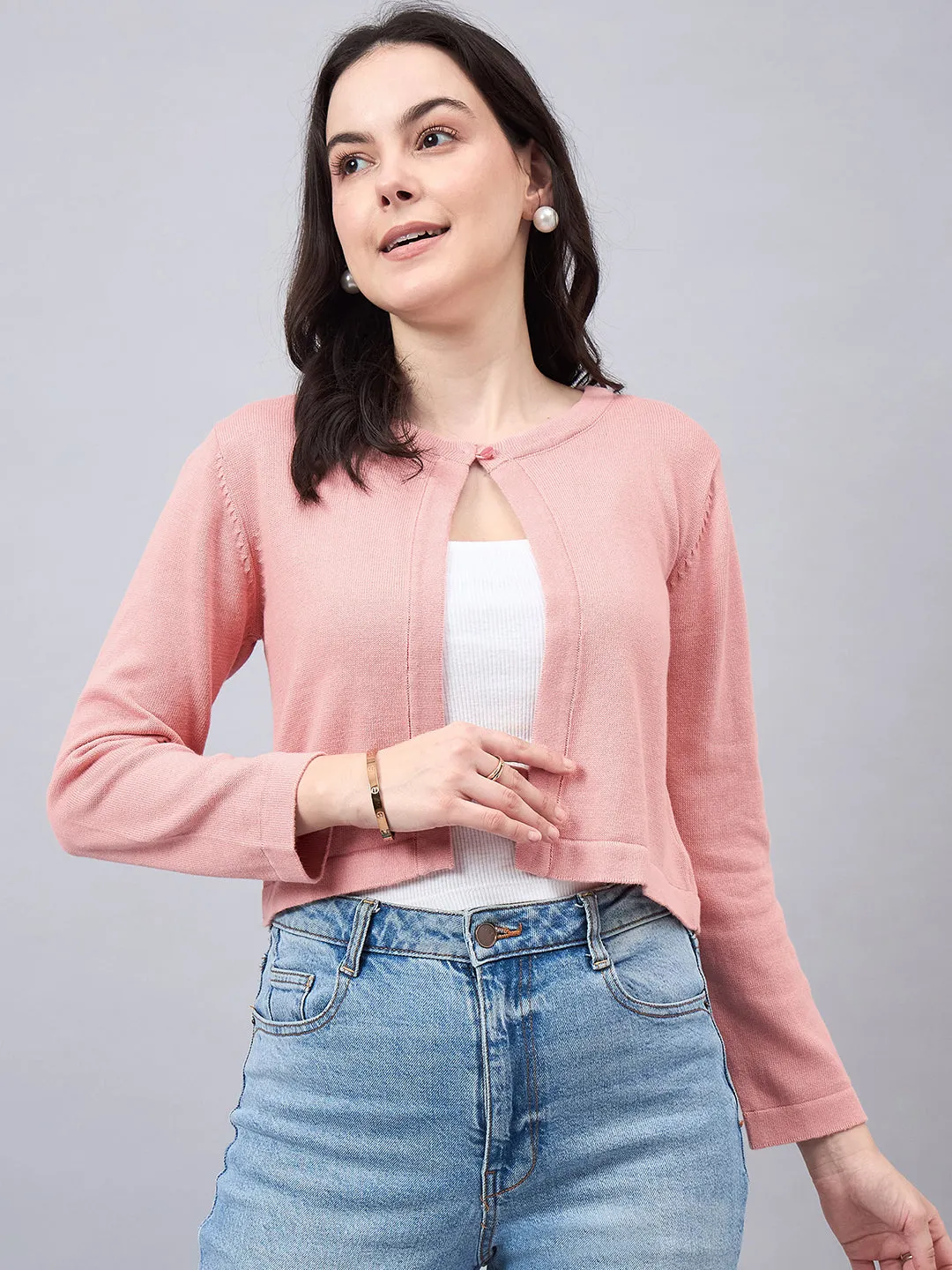 Style Quotient Women Solid Nude Flat Knit Smart Casual Shrug