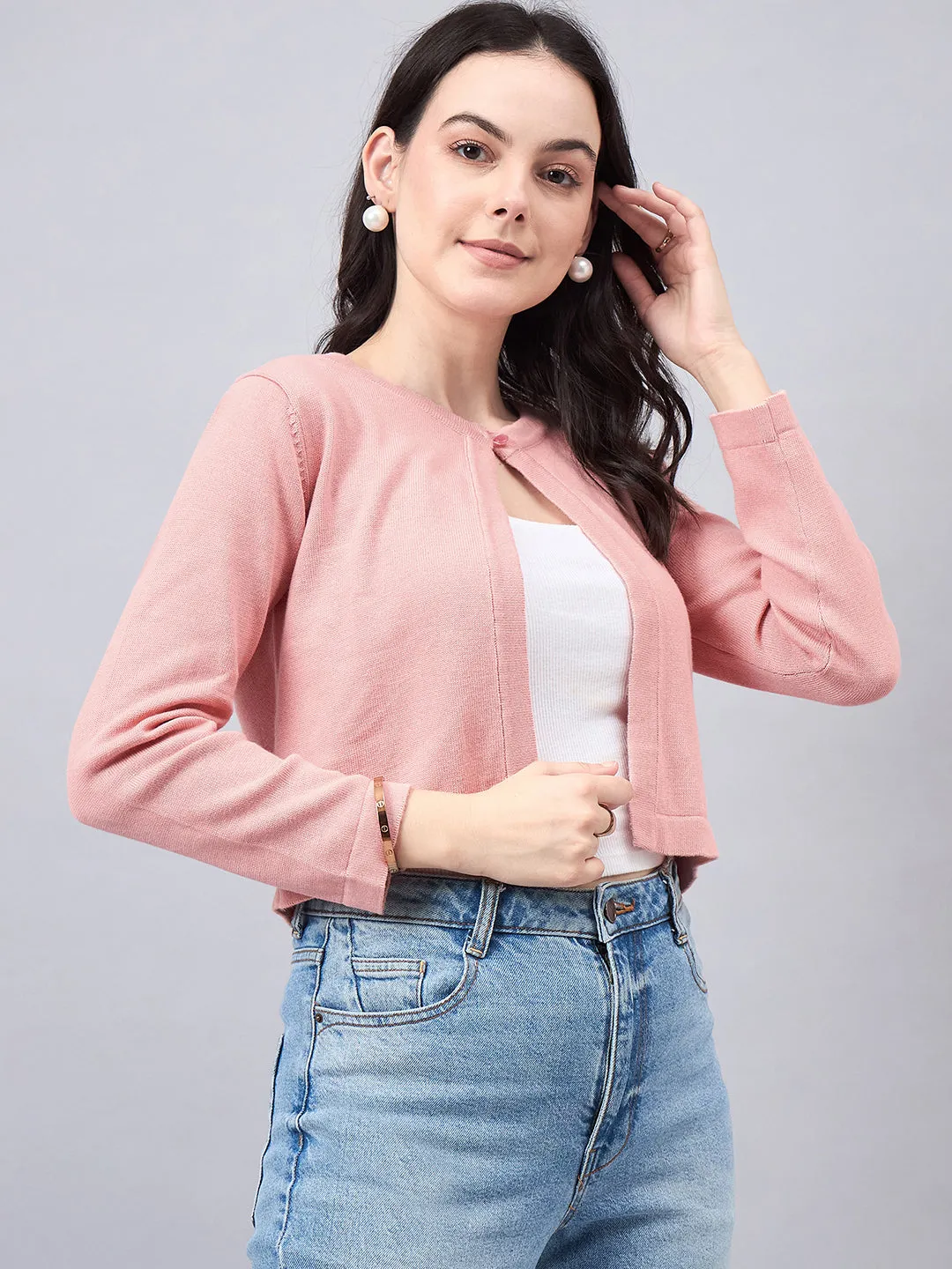Style Quotient Women Solid Nude Flat Knit Smart Casual Shrug