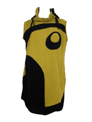 Vintage 2000s Y2K does 60s Cyber Psychedelic Mod Op-Art Roll Neck Turtleneck Colorblock Corduroy Lime Green & Black Mini Shift Dress with Ties | Size XL