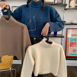 Vintage Solid Color Soft Cropped Turtleneck Sweater
