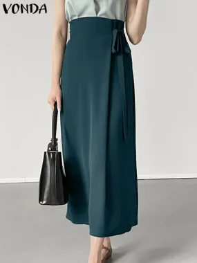 VONDA Elegant Women Midi Skirts 2024 Fashion Vintage Autumn Long Skirts Casual OL Solid Color Tie up Loose Bottoms Oversized