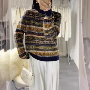 Wenkouban trending fall outfits 2024 Christmas Thanksgiving outfits Vintage Jacquard Sweater Women's Autumn and Winter Warm Comfortable Color Matching Wool Knitted Bottoming Shirt Top