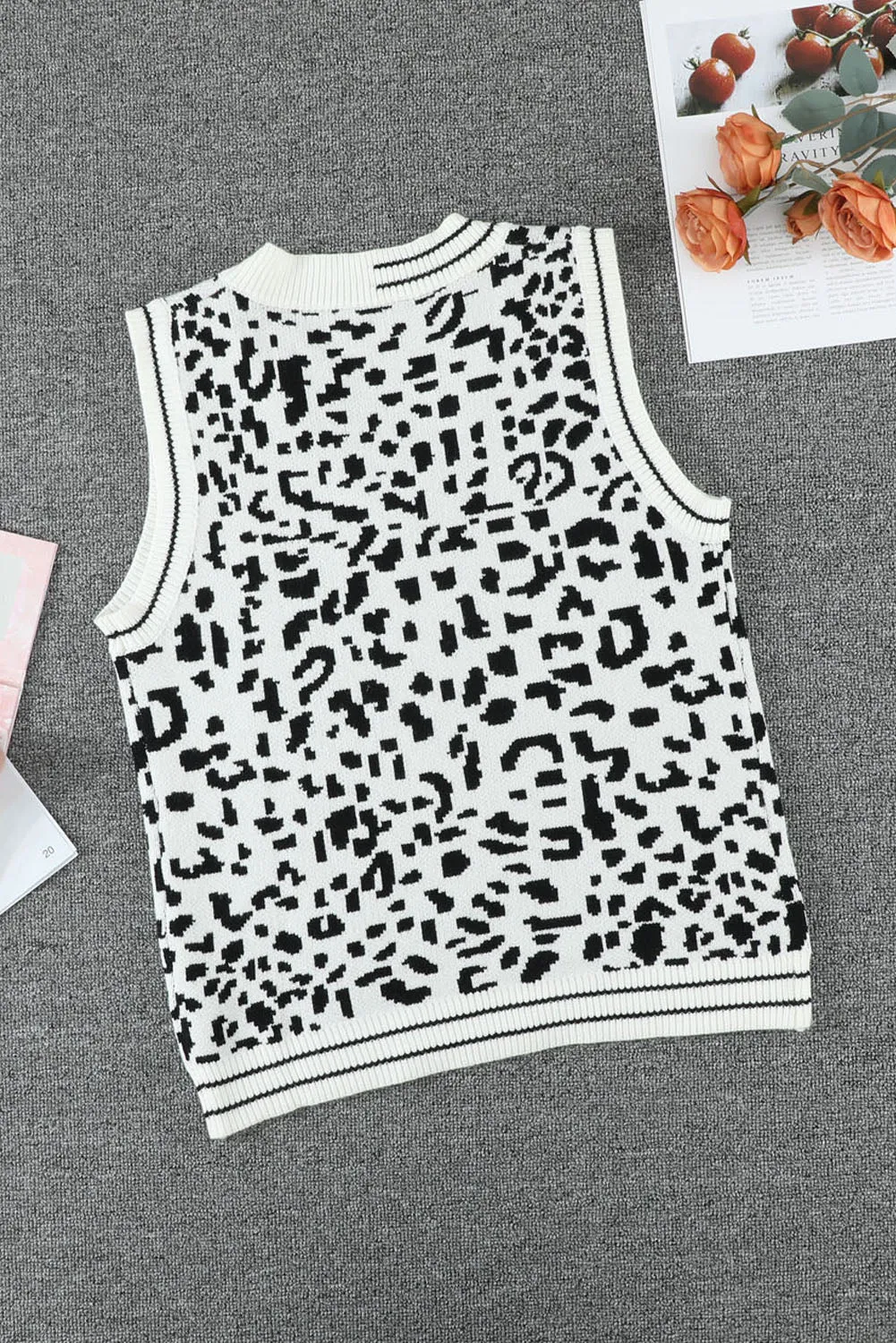 White Leopard Print Knitted Vest Sweater