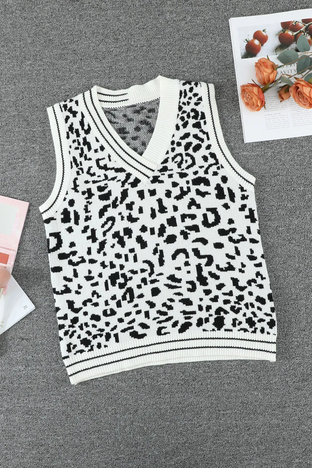 White Leopard Print Knitted Vest Sweater