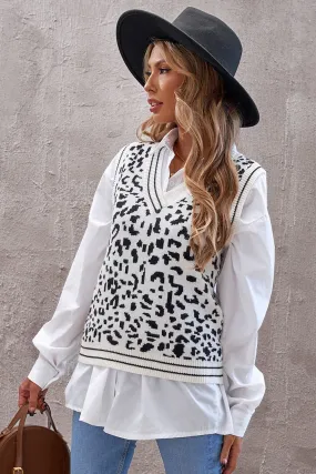 White Leopard Print Knitted Vest Sweater